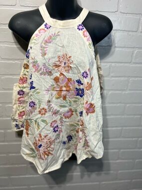 Free People White Floral Halter Tank with Pink, Orange & Blue Embroidery